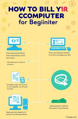 A simplified, colorful infographic demonstrating how to bill a computer for beginners