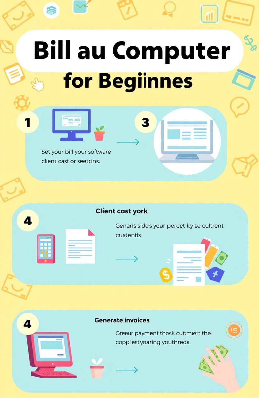 A simplified, colorful infographic demonstrating how to bill a computer for beginners