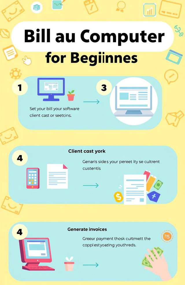 A simplified, colorful infographic demonstrating how to bill a computer for beginners