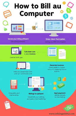 A simplified, colorful infographic demonstrating how to bill a computer for beginners