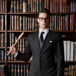 A confident lawyer, wearing a crisp suit, standing in a sophisticated law firm with shelves filled with law books and a wooden gavel in hand.