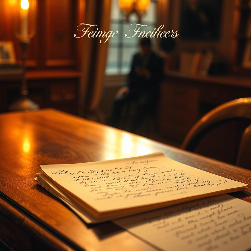 An elegant book cover showcasing a wooden desk illuminated by warm, golden light