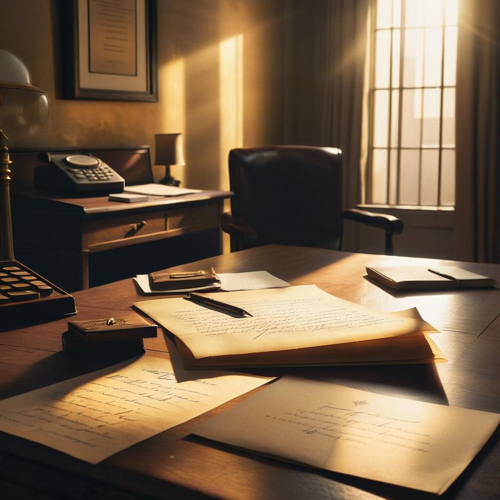 The image features a desk bathed in golden light, with handwritten letters in the foreground, symbolizing the central motif of correspondence. A subtle, mysterious male silhouette in the background evokes both the past and the protagonist's introspection. The title, displayed in an elegant font, and the author's name at the bottom right, create a visually balanced design. This cover invites readers to immerse themselves in a poignant story full of secrets and emotions.