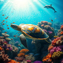 A vibrant underwater scene featuring a whimsical coral reef