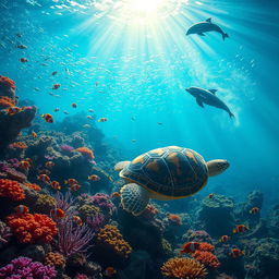 A vibrant underwater scene featuring a whimsical coral reef