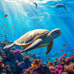 A vibrant underwater scene featuring a whimsical coral reef