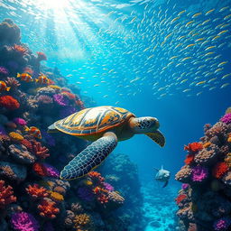 A vibrant underwater scene featuring a whimsical coral reef