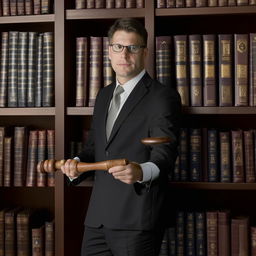 A confident lawyer, wearing a crisp suit, standing in a sophisticated law firm with shelves filled with law books and a wooden gavel in hand.