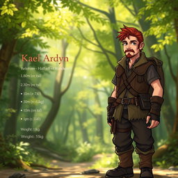 A tabletop RPG character named Kael Ardyn, a half-elf wanderer standing at 1