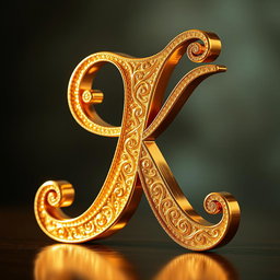 A beautifully stylized letter 'K' adorned in shimmering gold, with intricate patterns and details that enhance its luxurious appearance