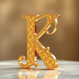 A beautifully stylized letter 'K' adorned in shimmering gold, with intricate patterns and details that enhance its luxurious appearance