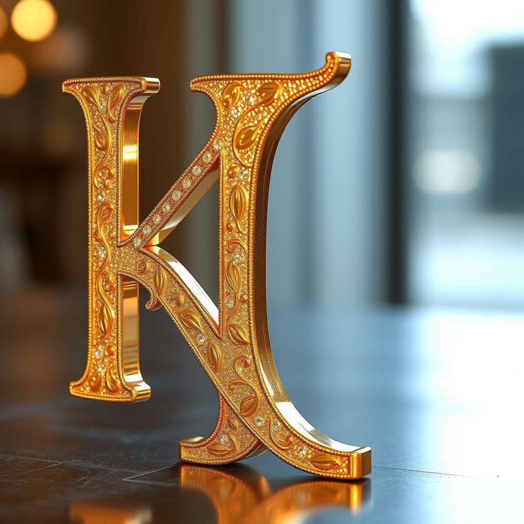 A beautifully stylized letter 'K' adorned in shimmering gold, with intricate patterns and details that enhance its luxurious appearance