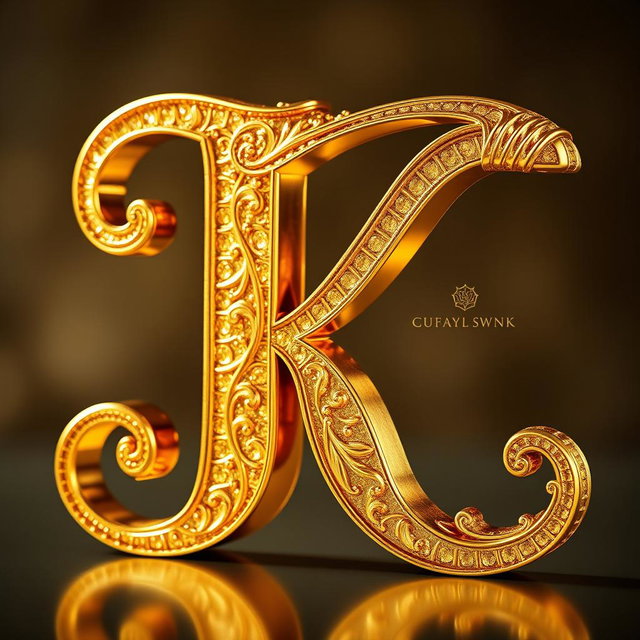 A beautifully stylized letter 'K' adorned in shimmering gold, with intricate patterns and details that enhance its luxurious appearance