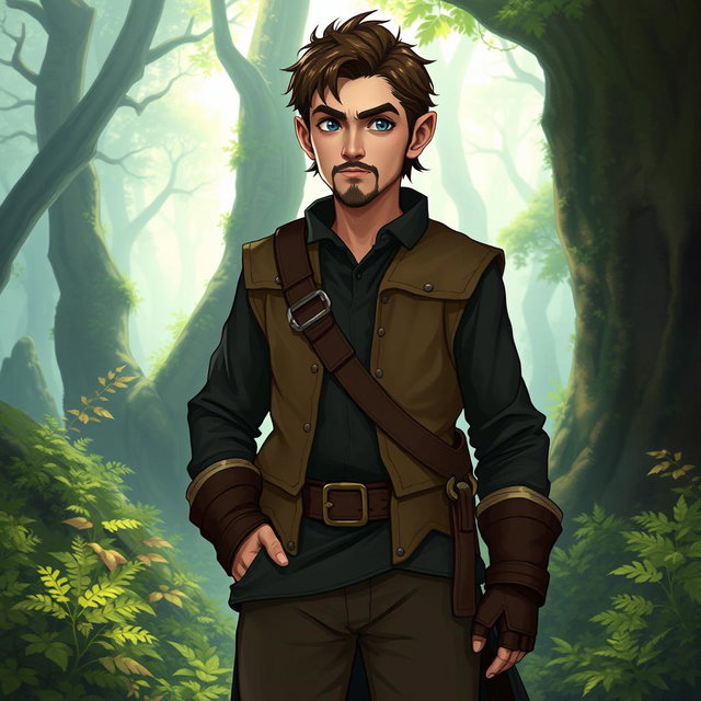 A tabletop RPG character named Kael Ardyn, a wandering half-elf standing at 1