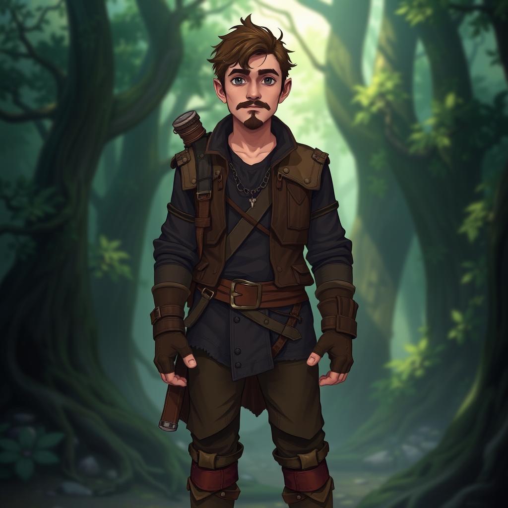 A tabletop RPG character named Kael Ardyn, a wandering half-elf standing at 1