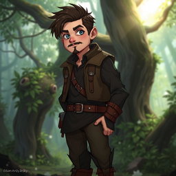 A tabletop RPG character named Kael Ardyn, a wandering half-elf standing at 1