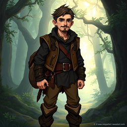 A tabletop RPG character named Kael Ardyn, a wandering half-elf standing at 1
