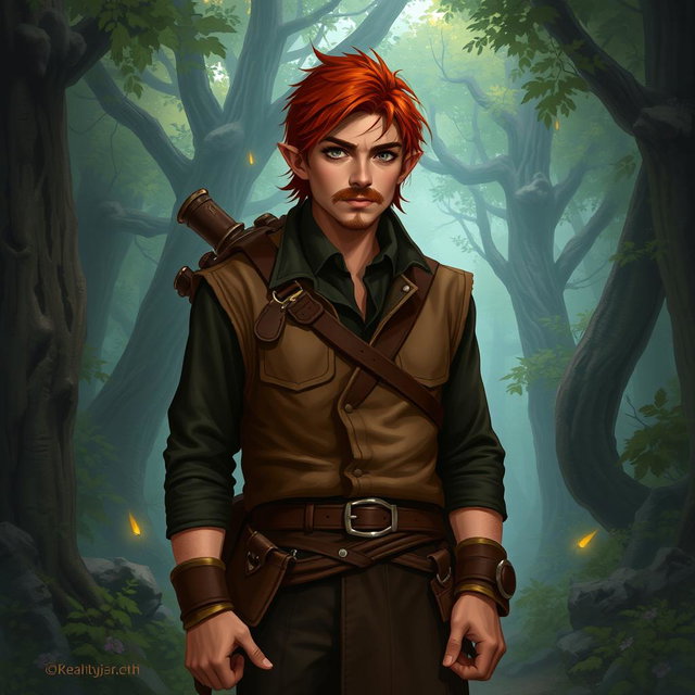 A tabletop DnD RPG character named Kael Ardyn, a wandering half-elf with a height of 1
