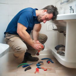 A professional plumber in work clothes, bending over while diligently fixing a leaky pipe with a set of tools in a residential bathroom.