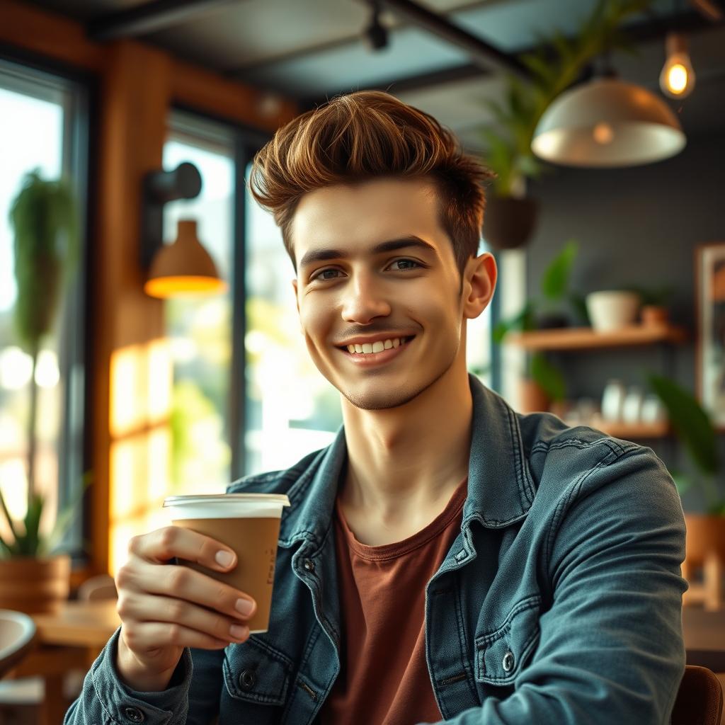 A handsome young man with a stylish haircut, wearing a casual yet trendy outfit, sitting at a coffee shop with a warm smile