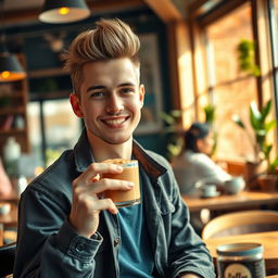 A handsome young man with a stylish haircut, wearing a casual yet trendy outfit, sitting at a coffee shop with a warm smile