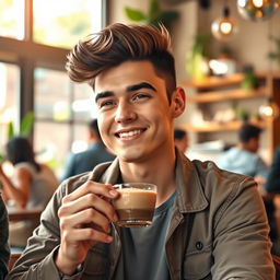 A handsome young man with a stylish haircut, wearing a casual yet trendy outfit, sitting at a coffee shop with a warm smile