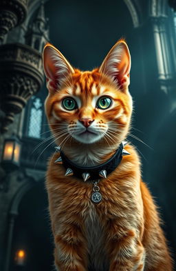 A gothic style portrait of a ginger cat, with vivid orange fur and striking emerald green eyes