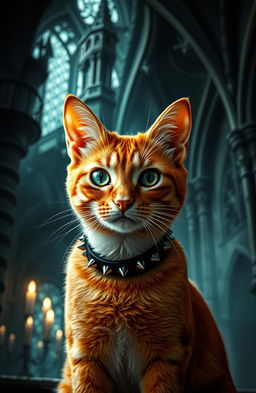 A gothic style portrait of a ginger cat, with vivid orange fur and striking emerald green eyes