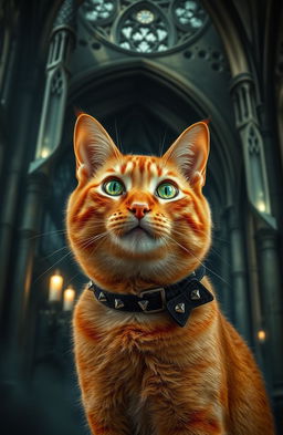 A gothic style portrait of a ginger cat, with vivid orange fur and striking emerald green eyes
