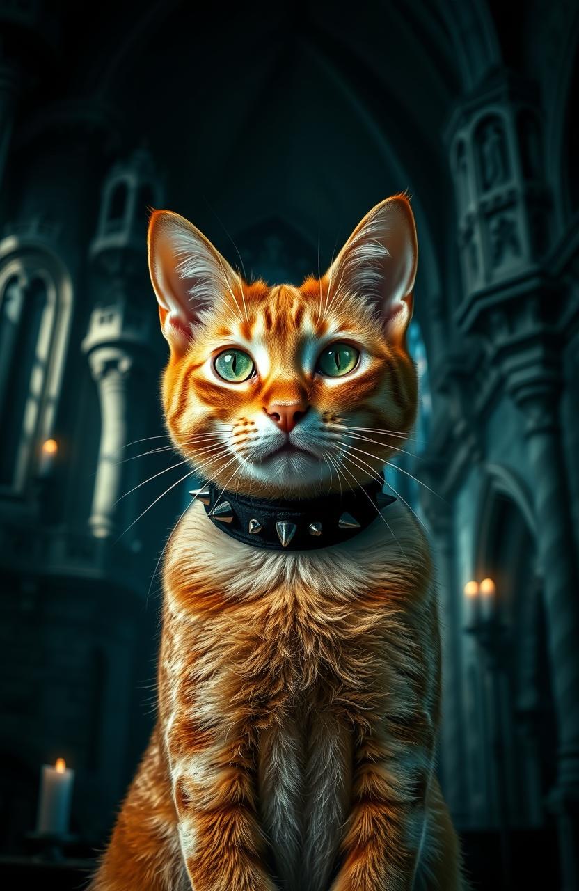 A gothic style portrait of a ginger cat, with vivid orange fur and striking emerald green eyes