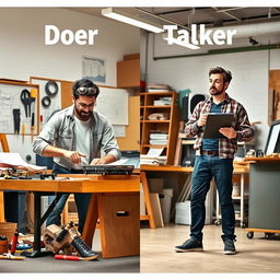 A dynamic scene showcasing the contrast between a doer and a talker