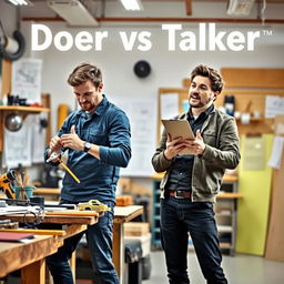 A dynamic scene showcasing the contrast between a doer and a talker