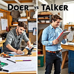 A dynamic scene showcasing the contrast between a doer and a talker