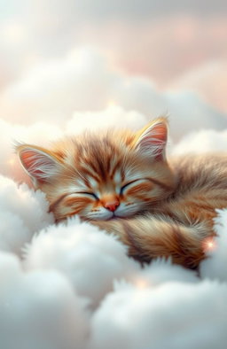 A serene and ethereal scene depicting a sleeping cat, fluffy and peaceful, nestled amidst soft, glowing clouds