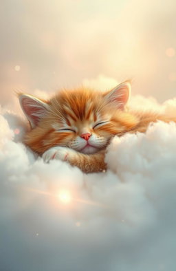 A serene and ethereal scene depicting a sleeping cat, fluffy and peaceful, nestled amidst soft, glowing clouds