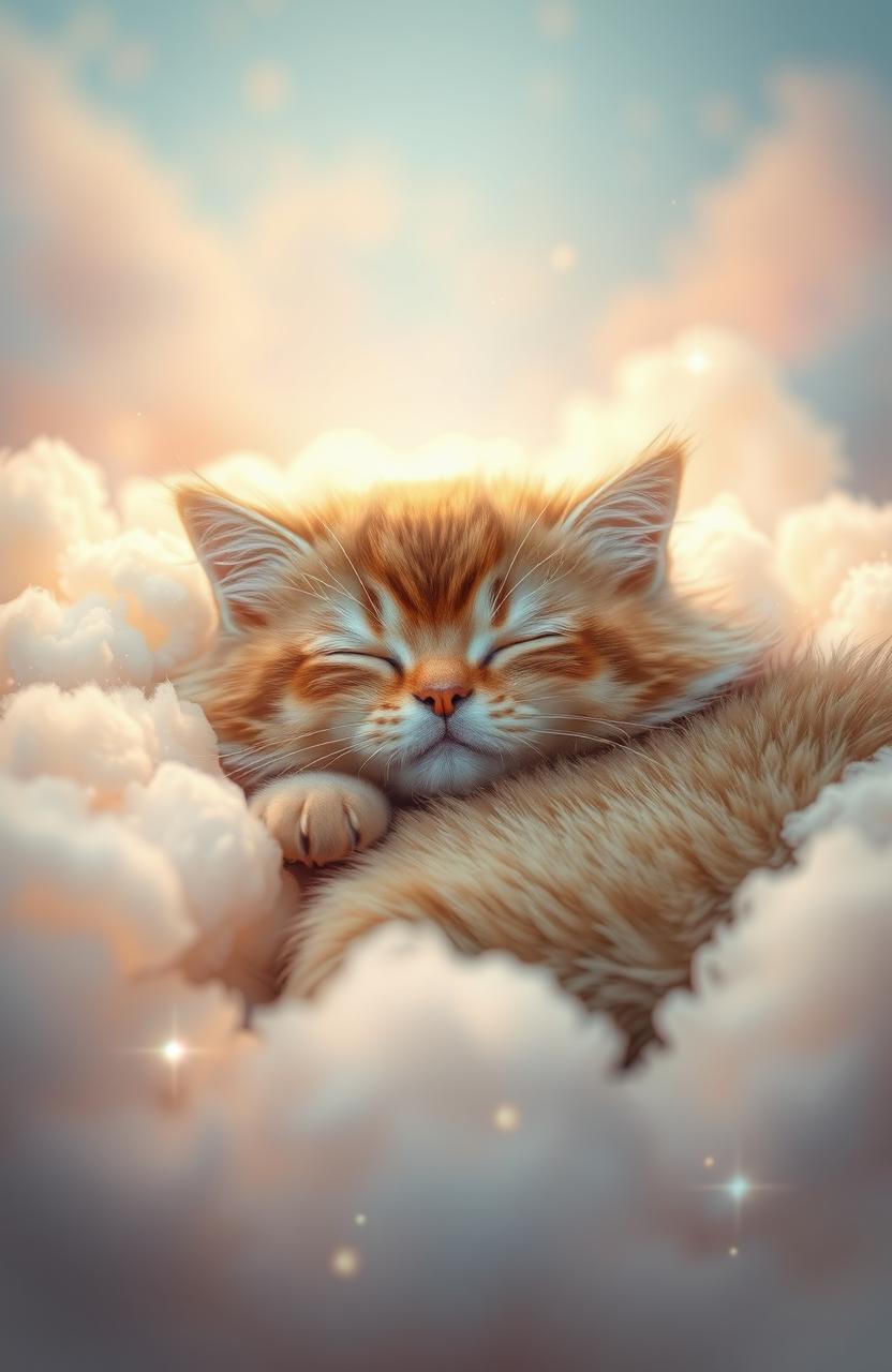 A serene and ethereal scene depicting a sleeping cat, fluffy and peaceful, nestled amidst soft, glowing clouds