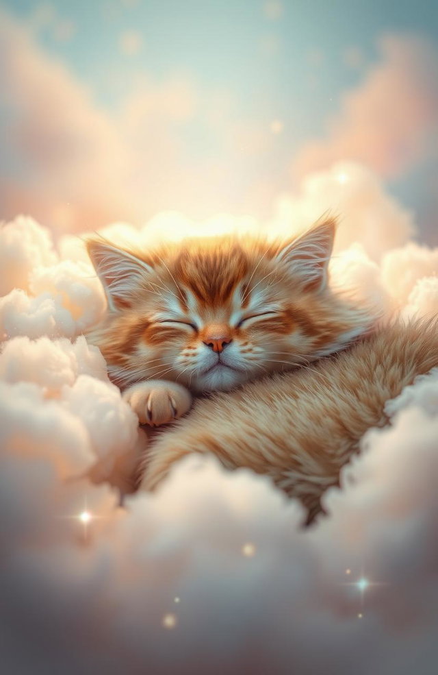 A serene and ethereal scene depicting a sleeping cat, fluffy and peaceful, nestled amidst soft, glowing clouds