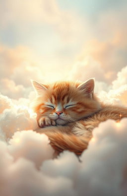 A serene and ethereal scene depicting a sleeping cat, fluffy and peaceful, nestled amidst soft, glowing clouds