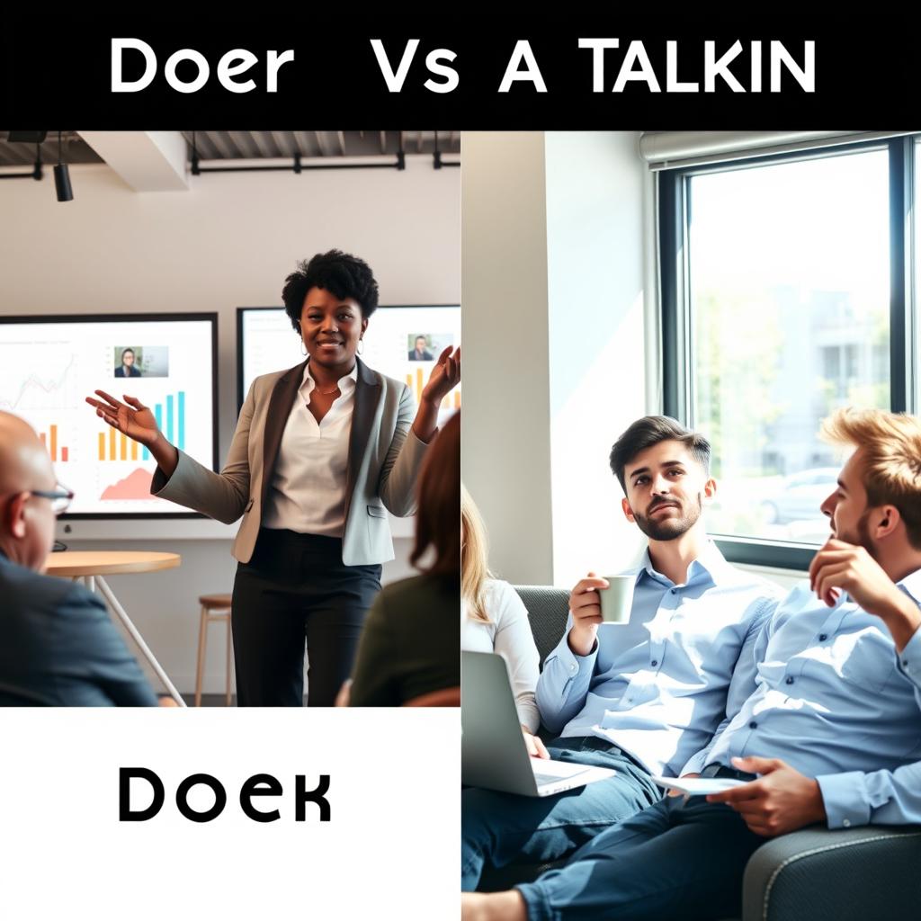 A split image depicting the contrast between a doer and a talker in business