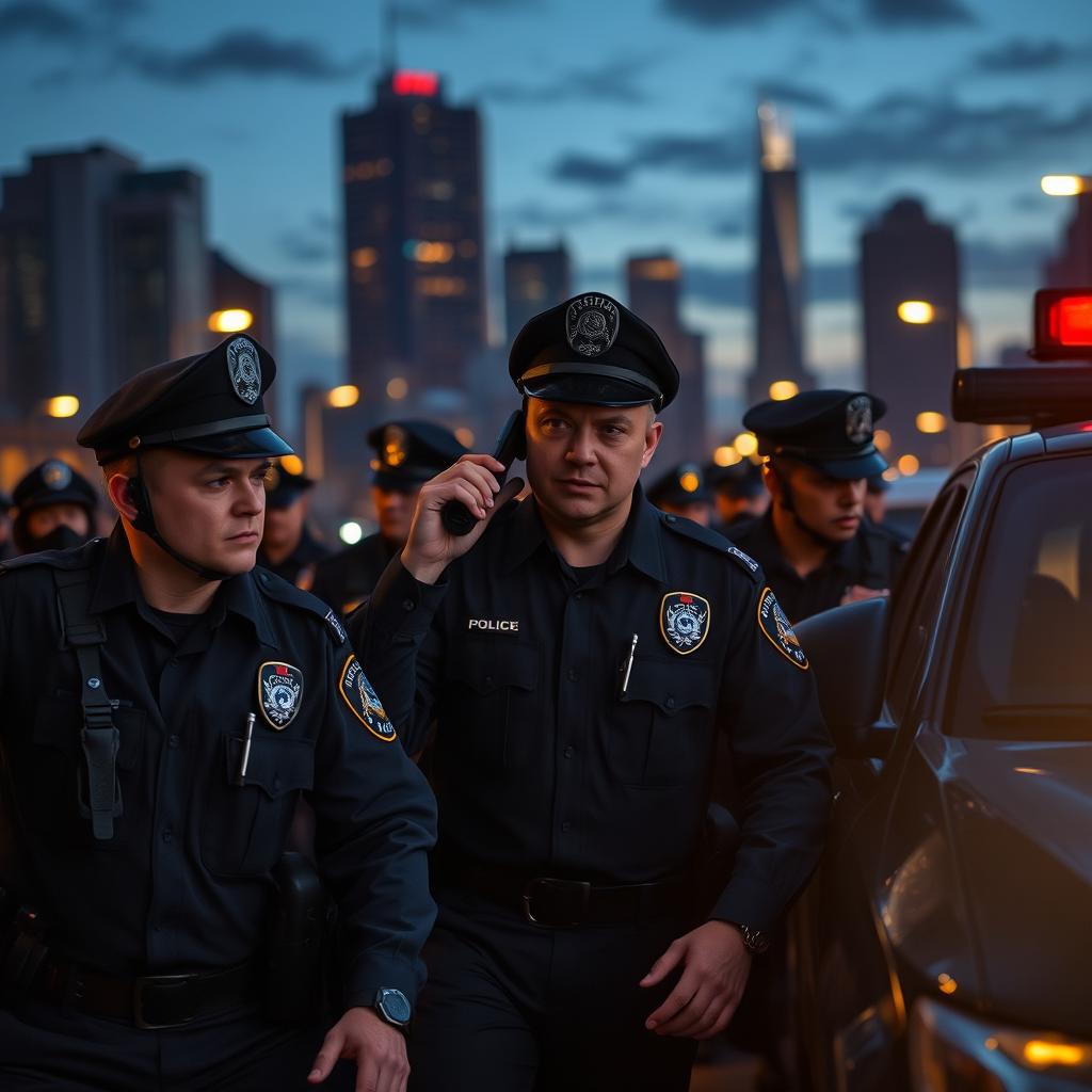 A dynamic scene showcasing a group of police officers in action, displaying a sense of teamwork and bravery