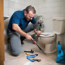 A professional plumber in work clothes, bending over while diligently fixing a leaky pipe with a set of tools in a residential bathroom.