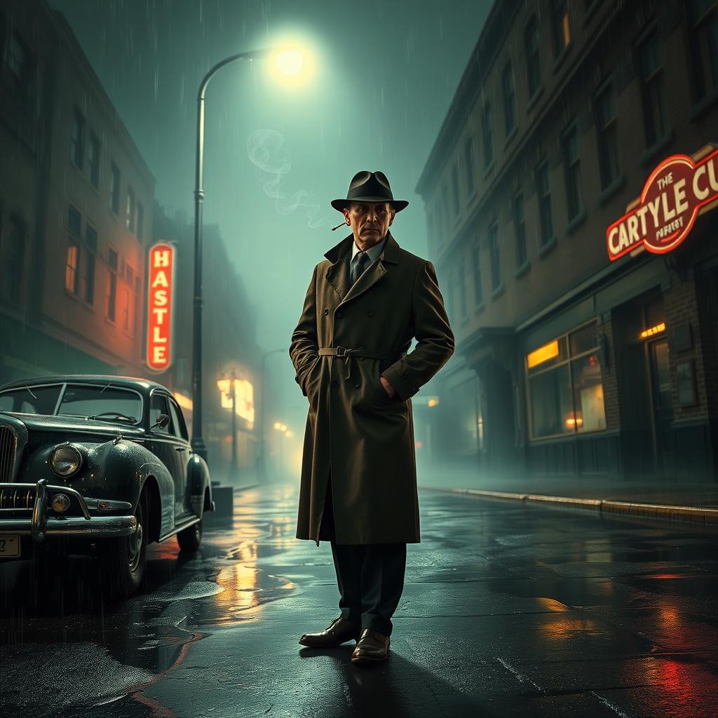 A mysterious detective in a classic noir setting, wearing a fedora and a long trench coat, standing under a dimly lit streetlamp on a rainy night