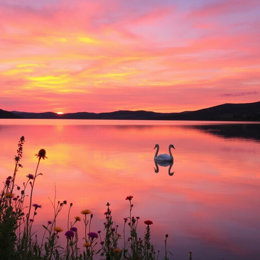 A serene landscape featuring a vibrant sunset over a tranquil lake, with the sky painted in shades of pink, orange, and purple