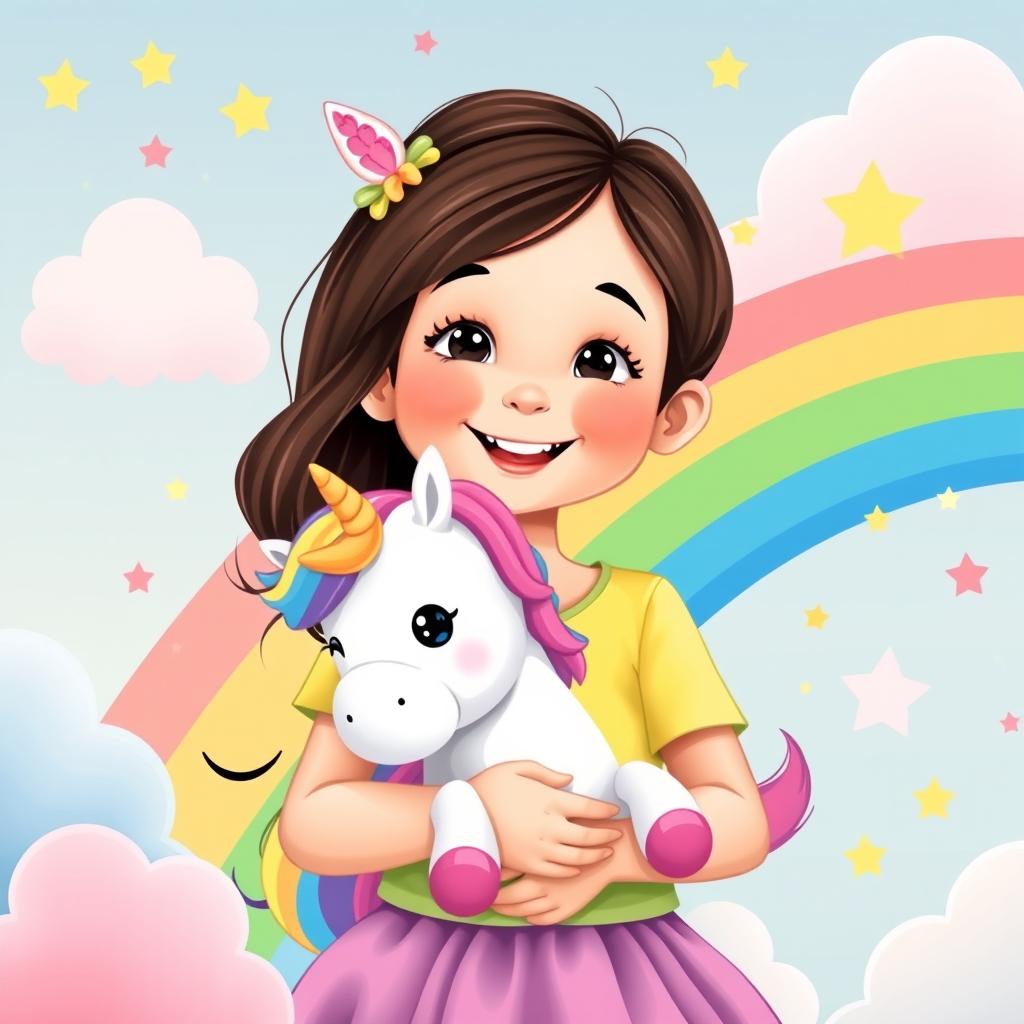A cute girl with dark brown hair, smiling happily while holding a colorful unicorn plush toy
