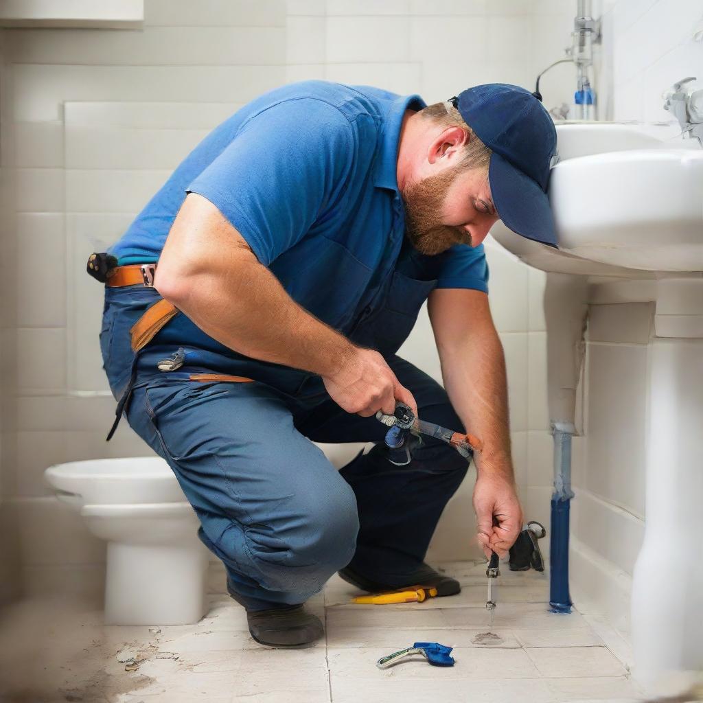 A professional plumber in work clothes, bending over while diligently fixing a leaky pipe with a set of tools in a residential bathroom.