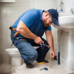 A professional plumber in work clothes, bending over while diligently fixing a leaky pipe with a set of tools in a residential bathroom.