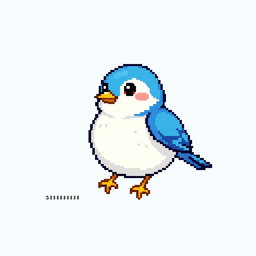 A small, pixel art style bird, measuring 30 by 20 pixels, with vibrant colors