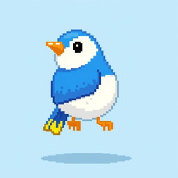 A small, pixel art style bird, measuring 30 by 20 pixels, with vibrant colors