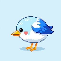 A small, pixel art style bird, measuring 30 by 20 pixels, with vibrant colors