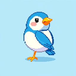 A small, pixel art style bird, measuring 30 by 20 pixels, with vibrant colors
